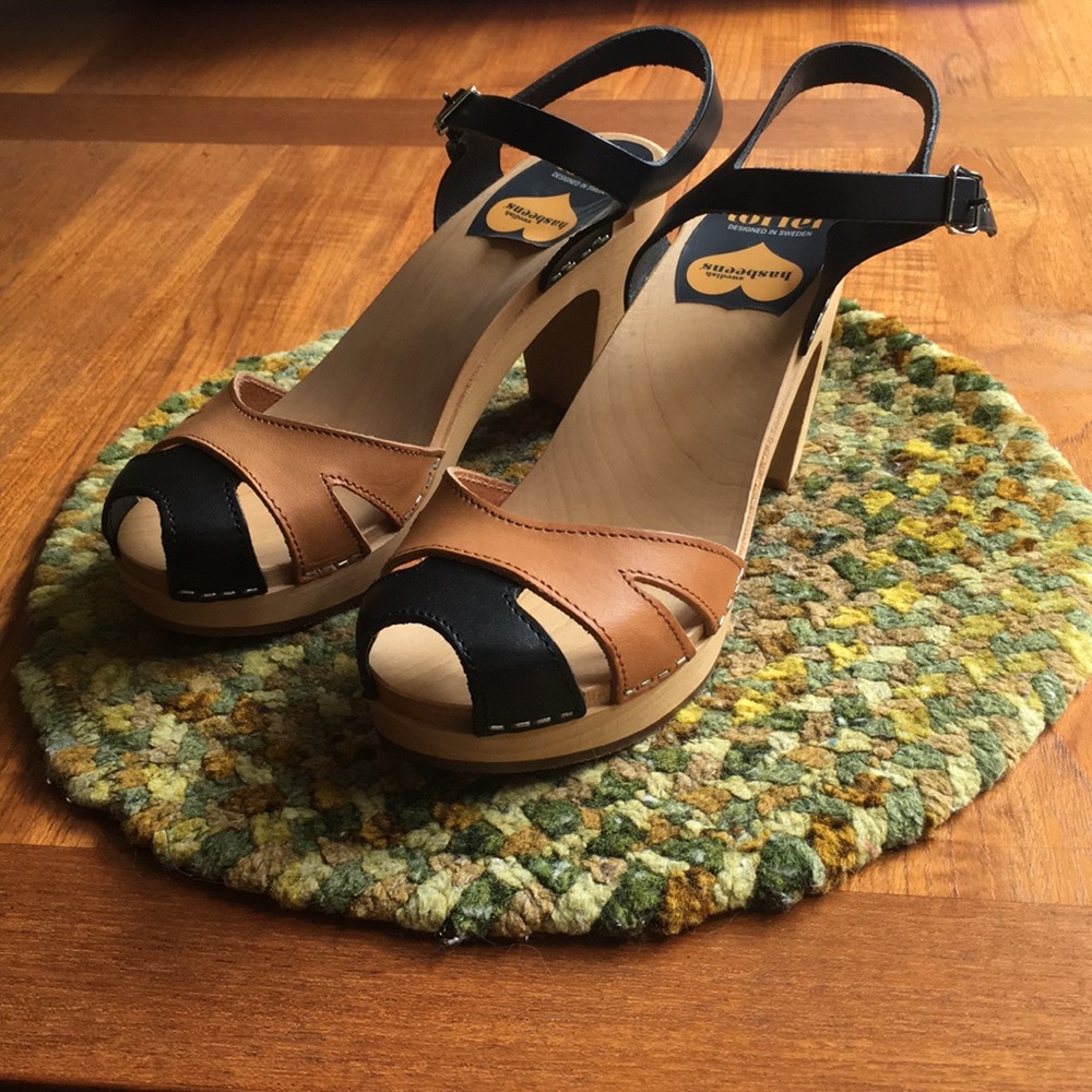 Swedish Hasbeens Tan and Black Leather Platform Sandals
